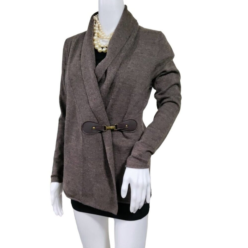 NWT Ellen Tracy 100% Extra Fine Merino Wool Faux Wrap Cardigan Gray Womens Small